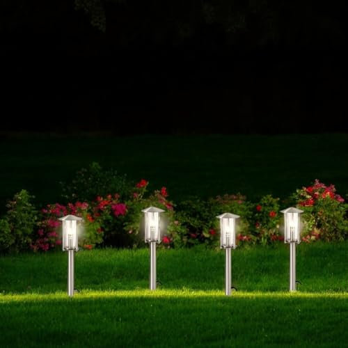 Dapo® 4x Hochwertige Edelstahl-LED-Außen-Gartenlaterne-Wege-Leuchte-Lampe VICO 4 mit Erdspieß IP44 inkl. Leuchtmittel G4 4 x 1,5W
