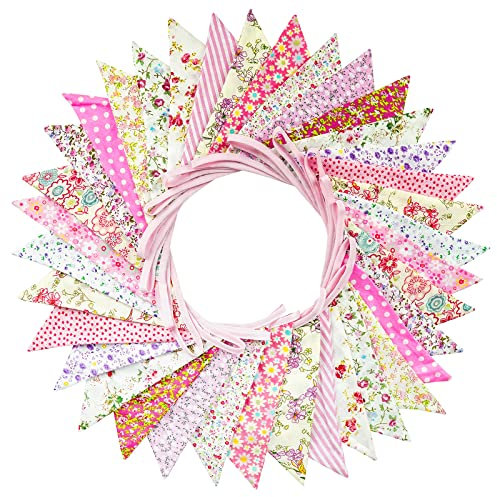 G2PLUS 36PCS Double Sided Fabric Bunting, 10M Pink Floral Cotton Banner, 17x19CM Large Triangle Garland Reusable for Indoor and Outdoor Party Decoration