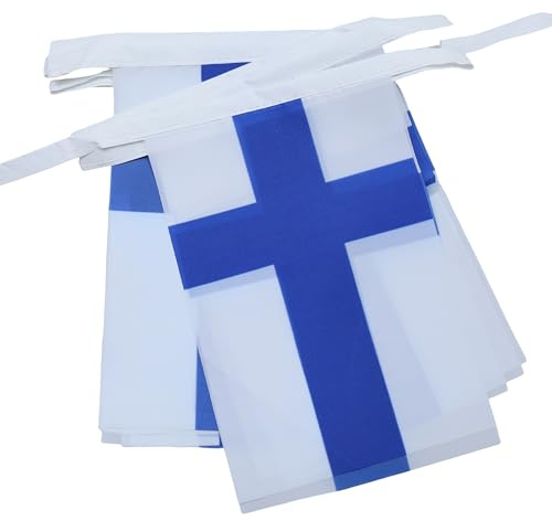 AZ FLAG Festone Finlandia 12 m 20 bandiere Poliestere Leggero 45x30 cm | Uso interno ed esterno ghirlanda di bandiere finlandese Suomi bandiere cucite su nastro rinforzato