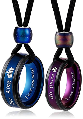 Aeici Matching Necklace for Couples, King and Queen Rings Necklace BFF Necklace His and Hers Personalised Necklace I Love You More/Most Stainless Steel with Rope Chain