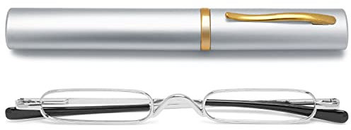 VEVESMUNDO Lesebrille Schmal Mini Klein Metall Lesehilfe Sehhilfe Brille mit Etui für Unterwegs Herren Damen (Silber, 2.25)