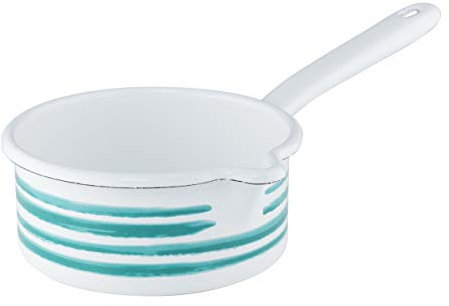 Riess, 0036-048, Casserole à grand bec verseur, Country, décoration spéciale verte flammée, 14 cm, contenu 0,75 l, blanc, émail, pot à lait, marmite à sauce