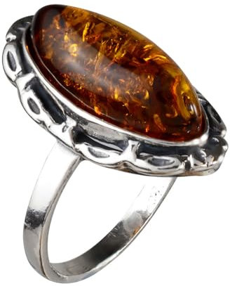 HolidayGiftShops Ring „Devee“ aus Sterlingsilber und baltischem Honigbernstein für Erwachsene – Größe 19.5