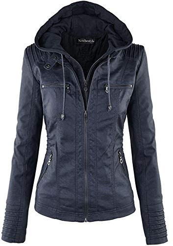 Newbestyle Faux Leather Jacket for Women Hooded Moto Biker Jacket Full-zip Long Sleeve Outwear Tops Navy Blue S