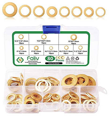 Foliv 80 PCS Fitschenringe Sortiment, Messing Unterlegscheibe Set Ø 8/9.2/10.2/11.2/12.2/13/13.2 mm in Sortimentskasten, für anhebung von Türen zur Vermeidung des Schleifens von Türen auf Bodenbelägen
