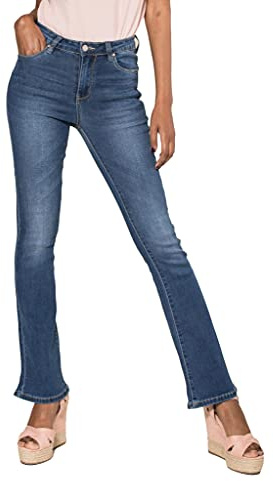Nina Carter P079 dam jeans utsvängda bootcut dragkedja använd look utsvängda jeans slagbyxor, Blå (P079-1), XS