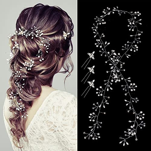 Nljihkure Wedding Hair Bridal Hair Accessories Pieces for Brides Hair Vine Crystal Extra Long Pearl and Beads Bridal Hair Vine Headband Head Pieces for Women and Girls (Silver)