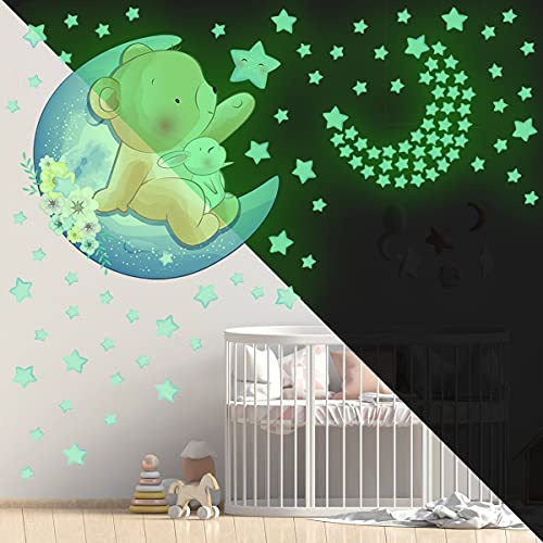 BuerHomie Wandtattoo Babyzimmer, 200 Leuchtsterne Leuchtende Wandsticker, Teddybär Hase Mond Sterne Wandaufkleber, Wanddeco für kleinkinderzimmer kinderzimmer Jungen Mädchen
