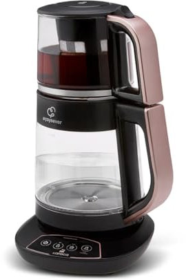 Karaca Çaysever 3-in-1 Sprechender Glas-Teekocher & Caydanlik, Wasserkocher & Babynahrungserhitzer, Roségold, Automatisches Brühen, Frischeindikator, Sprachhinweise, Sicherheitsabschaltung