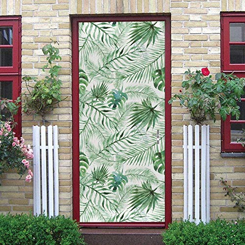 Murales Poster Per Porte 90X200Cm Foglie Di Piante Verdi Carta Da Parati Adesivo Per Porta 3D Autoadesivo Fotomurali Impermeabile Decalcomanie Famiglia Soggiorno Bagno Decorazione