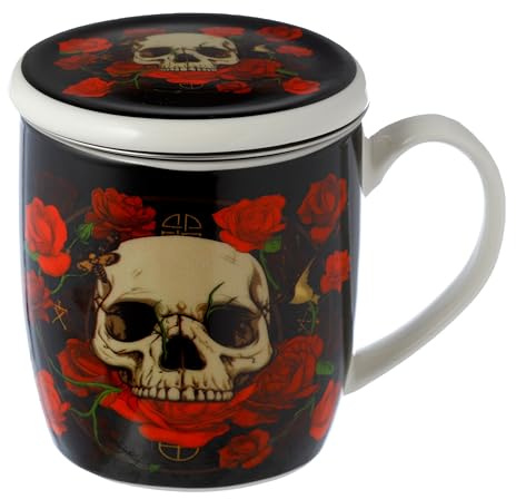 Puckator Skulls & Roses Totenkopf Tasse aus Porzellan mit Teeei und Deckel