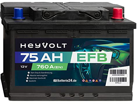 HeyVolt EFB Autobatterie 12V 75Ah 760A/EN Start-Stop, Standheizung geeignet