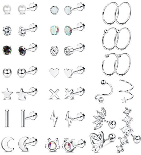 Chriscoco 39 Piezas Pendientes Acero Quirúrgico para Mujer Zirconia Hélice Tragus Conch Cartílago Piercing Aretes De Parte Posterior Plana Joyería Hipoalergénica