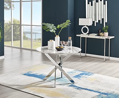 Furniturebox UK Novara 100cm Round Dining Table, White Marble Effect & Chrome Starburst Legs