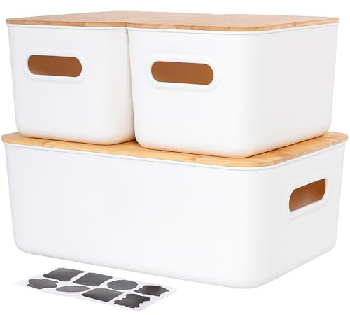 Kerhouze 3PCS Kunststoff Aufbewahrungsbox mit Deckel Bambus für Badezimmer | Stabil 2*6.5L+1*13L Weiß Aufbewahrungskorb für Organisation Stapelbar Kleine Plastik Boxen mit Griff für Küche