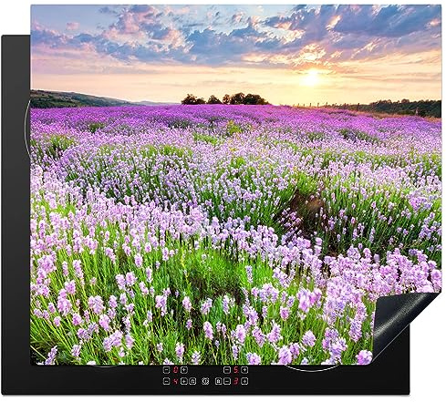 MuchoWow© Protège-plaque à induction | 60x52 cm - Plaque Protection Vitrocéramique Induction - Vinyl - Lavande - Fleurs - Coucher de soleil - Violet - Pré - Couvre