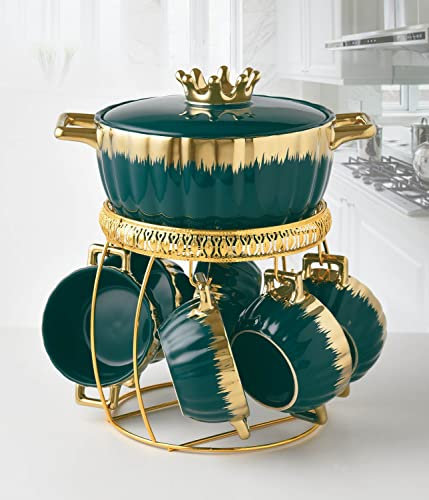 TFE's Fancy Ceramic Soup Tureen Bowl Gift Set with 6 Soup Bowls/Cups with Handles, Gold Stand & Lid, Hotpot Style Home Decor Kitchen Utensils Set for Ramen Pasta Gravy (Green and Gold)