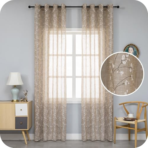 GIRASOLE HOME® Coppia Tende Semi Filtranti Effetto Lino Fantasia Magnolia Tenda per Interni 2 Pannelli con Occhielli (Maggese, 140x285cm)