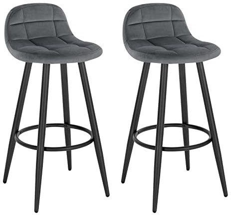 WOLTU Barhocker 2er Set, Barstuhl mit Samtbezug, gepolsterter Küchenhocker, mit Rückenlehne und Fußstütze, Design Hocker, Tresenhocker, Thekenhocker, Sitzhöhe 70 cm, Dunkelgrau BH364dgr-2
