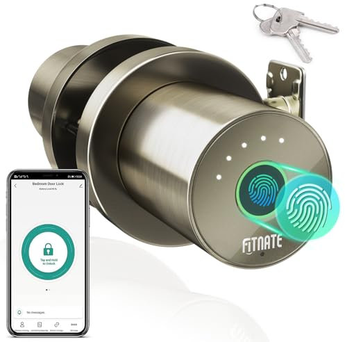 FITNATE Smart Lock Fingerprint Door Knob, Biometric Door Lock Fingerprint Key with App Control, Bluetooth Smart Deadbolt, Touch to Digital Door Lock for Bedroom,Home,Hotel,Office, Bronze Golden