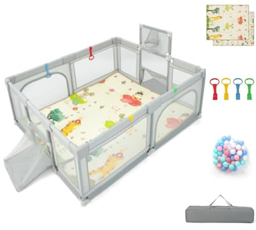 Maxmass Baby Playpen, Infant Activity Center with Pull Rings, Basketball Hoop, Soccer Nets, 50 Ocean Balls and Soft Mat, Toddlers Play Yard for 0-3 Years Old (Light Gray, 187 x 157cm)
