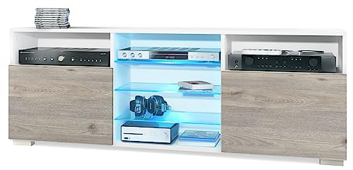 Vladon Tavolino TV Granada, Mobile per televisore con 2 Ante e 6 vani a Giorno, Mobile Bianco Opaco, Frontali in Quercia nordica con Illuminazione LED RGB (146 x 54 x 35 cm)