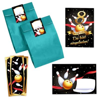 Minkocards 12 Einladungskarten zum 8. Kindergeburtstag Bowling Kegeln Mädchen Jungen Einladungen achte Geburtstag incl. 12 Umschläge, 12 Partytüten/petrol, 12 Aufkleber, 12 Lesezeichen Einladungsset