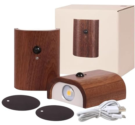2 apliques de pared de madera para interiores, luces nocturnas con sensor de movimiento, lámpara de pared LED de madera, modo de detección dual para interiores, dormitorio, pasillo, escalera, sala de
