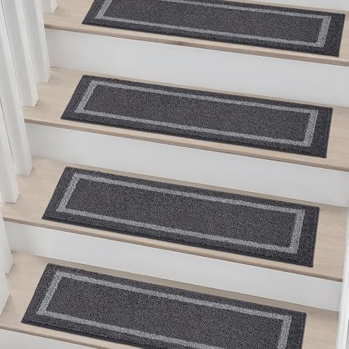 COSY HOMEER Carpet Stair Treads 15pcs Set, Non-Slip Indoor Carpet Treads for Stairs for Kids Elders and Dogs, 100% Polyester Quick Peel Self-adhesive Stair Runner Rug Pads, 22 x 70cm, Black