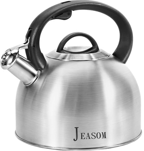 Jeasom Teekessel Herd – Lebensmittelqualität Edelstahl Pfeifende Teekanne mit ergonomischem Griff, einzigartige Knopfsteuerung, Wasserkocher Auslass, kann in der Küche oder beim Camping verwendet