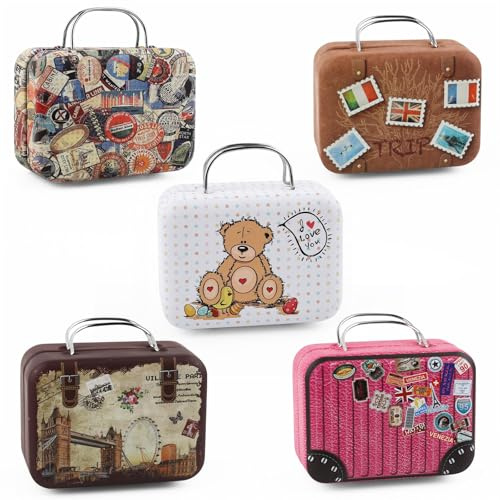ANNASAMDO 5 Stück Mini Koffer Box Metall Vintage Geschenkbox | 7,5x5,5x3,5 cm mit Griff. Robuste Blechdose langlebig. Für Schmuck Geld Süßigkeiten. Hochzeit Geburtstag Deko.