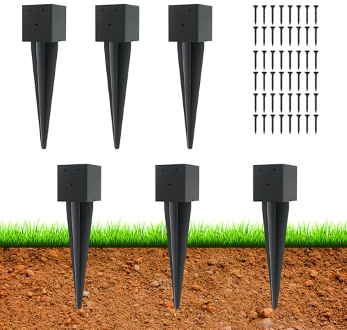6 Pcs 4x4 Fence Post Anchor Ground Spike,(Internal 3.6x3.6),Metal Post Stake Ground 16 with Black Powder-Coated,Fence Stakes Post Base for Deck,Fence,Porch,Railing,Mailbox
