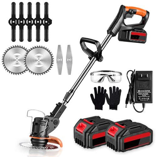 FfiMe Désherbeur électrique sans Fil, désherbeur léger 3 en 1 avec 2 Batteries de 5,0 Ah et Lames métalliques, Coupe-Bordure et Outils de pelouse, Couteau à Brosse de Jardin pour terrasse