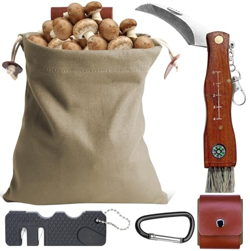 LEKEFETO Cuchillo de seta con cepillo y regla: bolsa de caza de setas, cuchillo de setas con cepillo, navaja de bolsillo con cuchillo de lona, navaja plegable, cuchillo de malla, color caqui