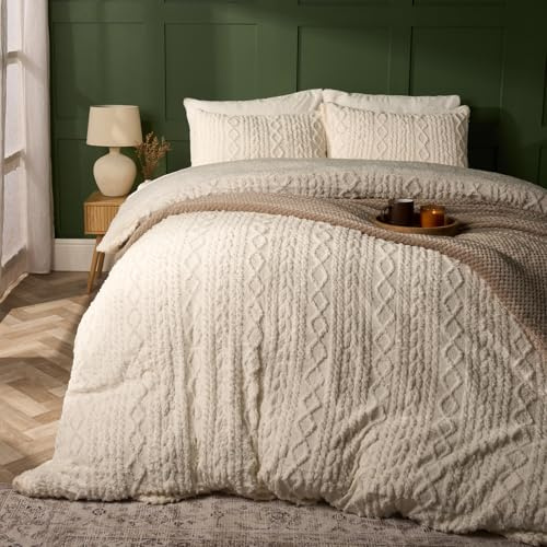 OHS King Size Duvet Quilt Covers, Cable Knit Sherpa Reverse Ultra Soft Teddy Fleece Duvet Kingsize with Pillowcases Fleece Thermal Winter Bedding - Cream