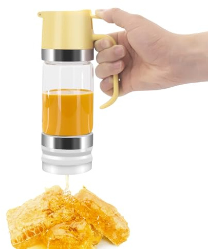 MoYouno Honey Dispenser No Drip, Glass Honey Dispenser Jar,10 oz Honey Jar with Handle, Honey Pot,Syrup Dispenser for Honey, Coffee or Tea (Yellow)