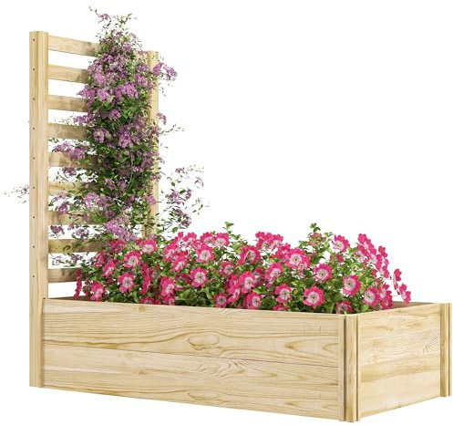 Outsunny Letto per Orto Rialzato da Esterno con Spalliera e Fondo Aperto, Fioriera con Traliccio per Piante Rampicanti in Legno di Abete, per Piante, Fiori, 115x60x110 cm, Color Legno
