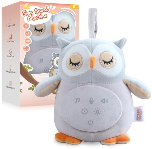 FUNYKIICH MINI OWL Macchina Rumori Bianchi per Neonati, Peluche con 12 Suoni Rilassanti + Luce Notturna Rossa, 3 Registrazioni, Timer, Lavabile in Lavatrice, Batteria 20h