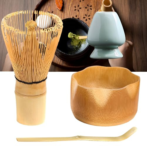 WYFCR 4PCS Matcha Set, Matcha Tea Set con e Ciotola, Matcha Cucchiaio, Holder, 510ml Ciotola di legno, Matcha fatta a mano Kit per bere tè, matcha cerimonia accessorio