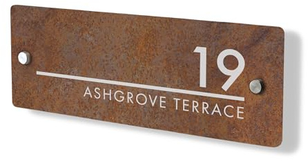 Personalised House Number Plaque 297mm x 100mm Rust Effect Address House Sign Door Number Plate Contemporary Modern Printed Address Signage with Hidden Fixings Waterproof & Scratch-Resistant