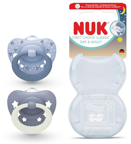 NUK First Choice Classic Day & Night Succhietto per Bambini | 0-6 Mesi | Succhietti Ortodontici che si Illuminano al Buio | Accettati dal 95% dei Bambini** | Blu | Confezione da 2