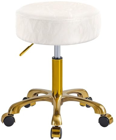 XCRFKGW Rollhocker Gold Hocker mit Rollen, Roll Stuhl Höhenverstellbar, PU Leder Gletscher Muster Schminkhocker, Drehhocker für Salon Spa und Haushalt, Belastbar 400lbs (Weiß, ohne Rückenlehne)