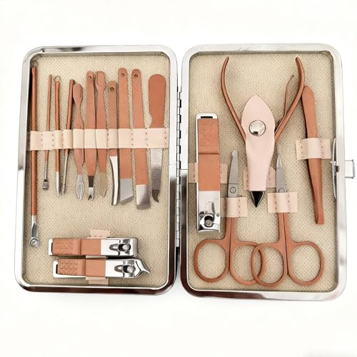 Kit de manucure - 18 pièces - Kit de pédicure - Étui à ongles - Ciseaux à ongles - Étui en acier inoxydable avec étui en cuir - Kit d'entretien pour femme et homme - Coupe-ongles portable pour voyage