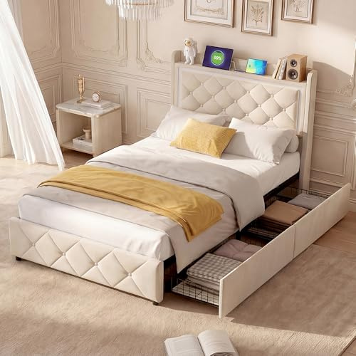 AZJSAHAH Letto imbottito da 90 x 200 cm, con 2 cassetti, letto singolo con rete a doghe e testiera, letto per ragazzi con LED e USB, letto per bambini 90 x 200 cm, velluto, senza materasso (beige-C)
