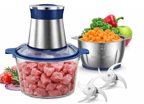 Food Processor, Electric Food Chopper with 2L Glass + 2L Stainless Steel Bowl 2pcs Bi-Level Blades Meat Grinder for Vegetables Fruits Nuts 2-Speed Control Dishwasher Safe for Baby Food Daily Meal Prep