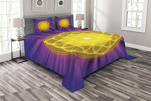 ABAKUHAUS lila Mandala Tagesdecke Set, Blume des Lebens, Set mit Kissenbezügen Waschbar, für Doppelbetten 220 x 220 cm,Lila Gelb