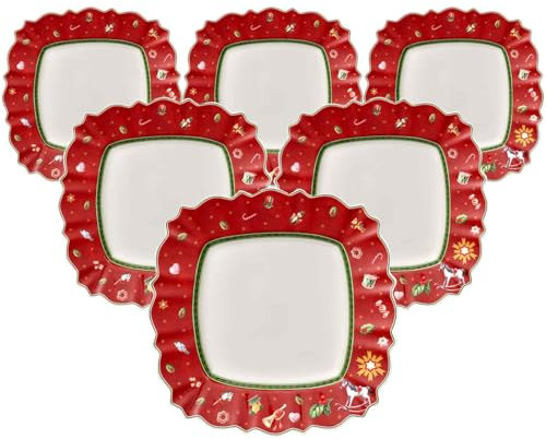 Villeroy & Boch Toy's Delight Eckiger Speiseteller 6er Set, 28 x 28 cm, Weihnachtsgeschirr, Essteller mit Weihnachts-Dekor, Premium Porzellan, Rot