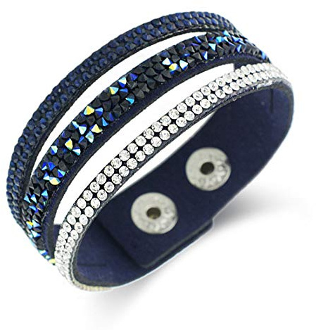 Generic Bracelet en Cuir pour Femme,Vintage Véritable Cuir Bracelets Tressés en Pierre Cristal Bleu Marine Large Réglable Boutons Breloques Personnalité Cadeau De Noël pour Les Hommes Femmes Garçons