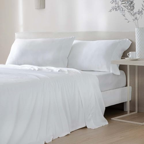 COTTON ARTean Juego sábanas 150 Saten Bambú ORGÁNICO 300 Hilos Blanco