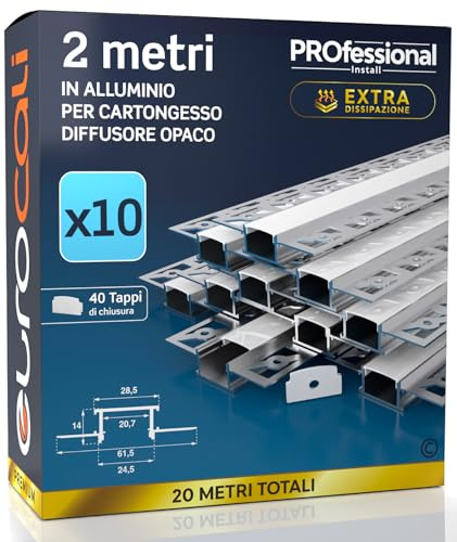 10x Profili da 2 metri a Scomparsa in Alluminio per Strisce LED (20mt) | Copertura Opaca larghezza max striscia led 20.7mm - 28.5 x 14 (alette 61.5)